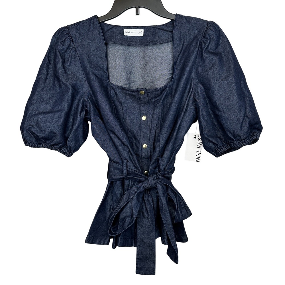 Nine West Blouse‎ Women's Large Denim Color Bow Tie Waist Snap Front Closure NWT